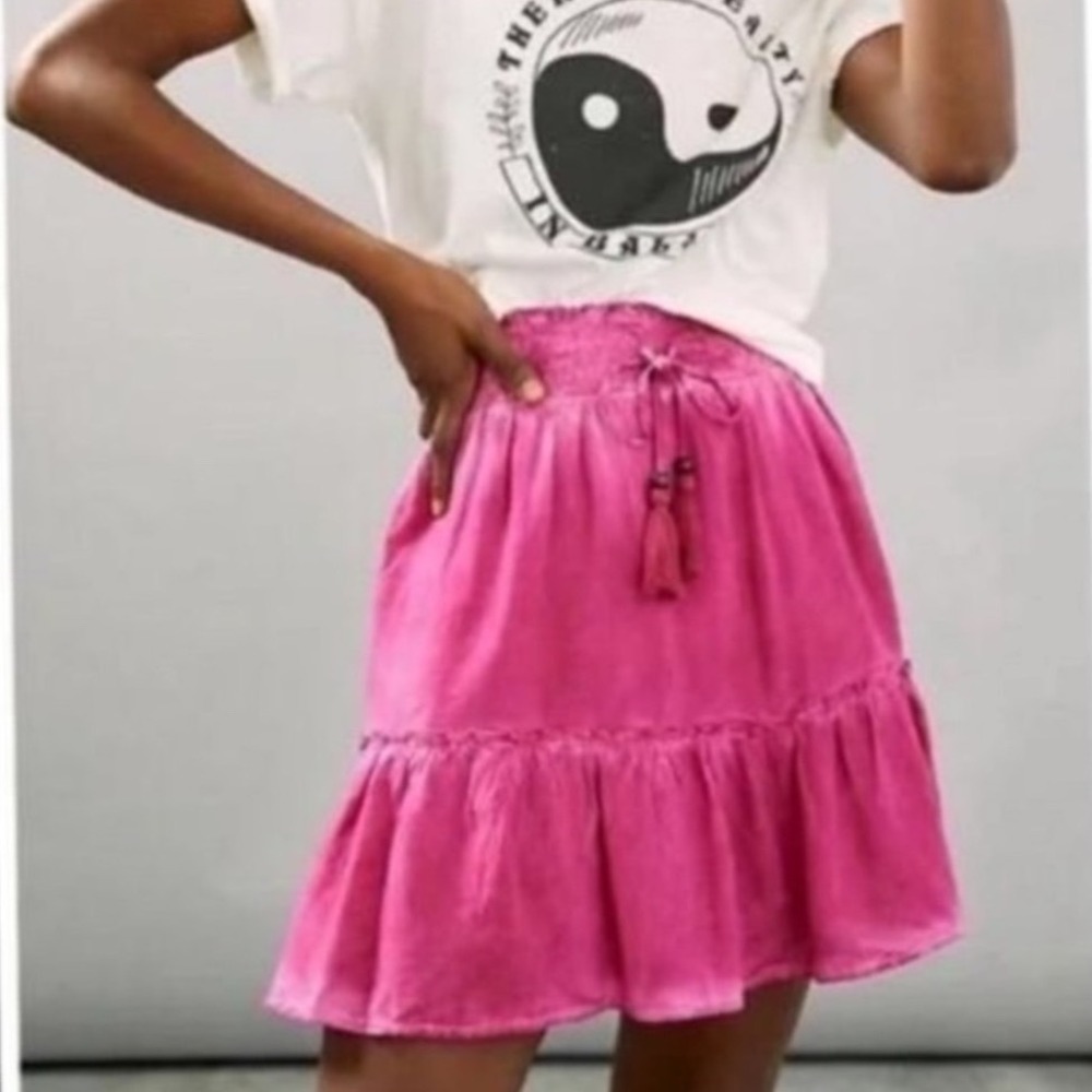 Boho Fuchsia Pink Smocked Waist Tassel Drawstring Ruffle Mini Skirt with Pockets